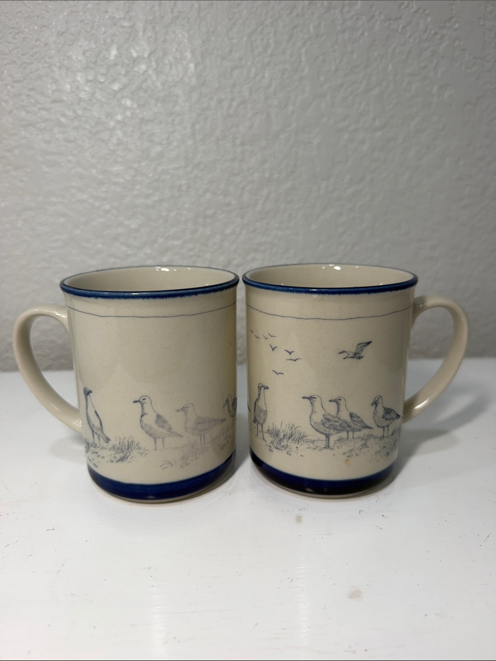 Seagull Pattern Coffee Mug Pair with Blue Trim, Cream, Ceramic